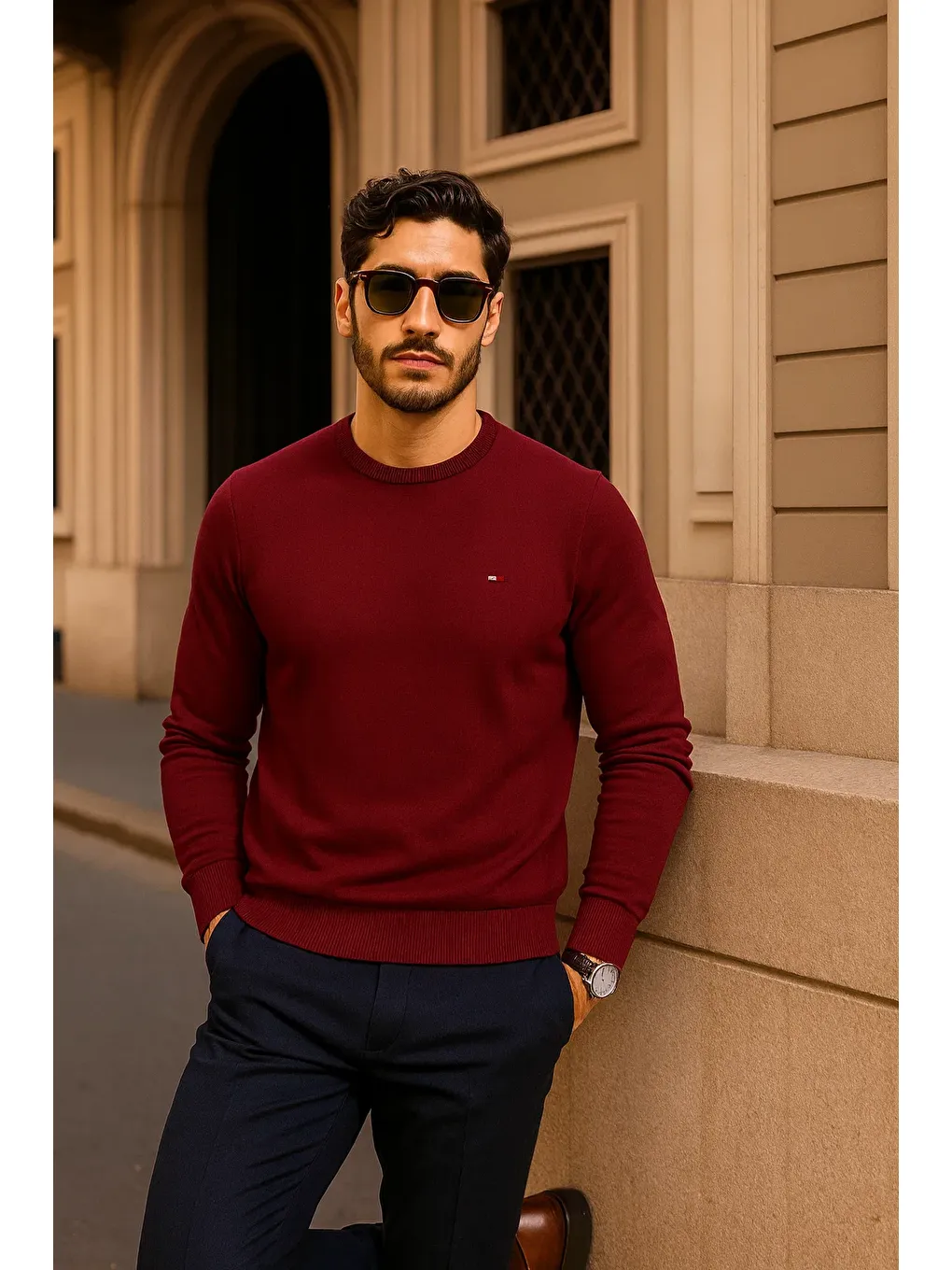 Erkek Günlük Bisiklet Yaka Bordo Kazak-3