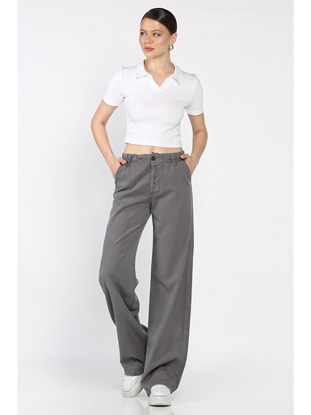 Gri Kadın Yüksek Bel Pantolon-1