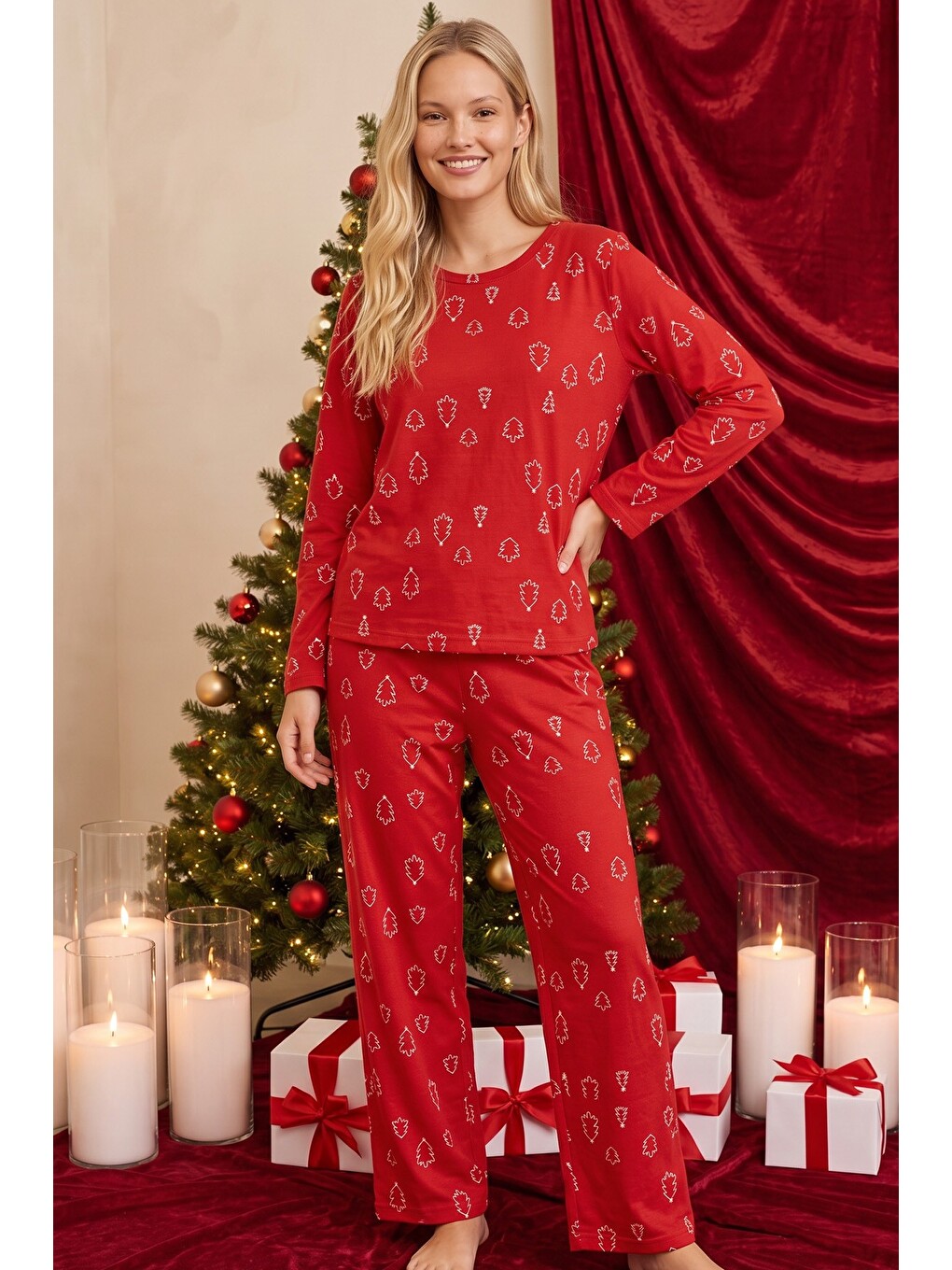 Kırmızı Yılbaşı Temalı Desenli Termal Kumaşlı Ultra Soft Yumuşak Örme Pijama Takımı-1
