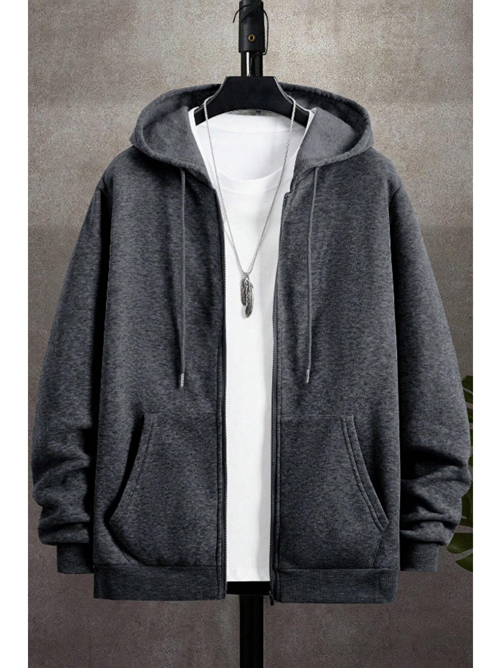 Gri Unisex Relax Fit Rahat Kesim Pamuklu İçi Polarlı Çift Cepli Fermuarlı Füme Kapüşonlu Sweatshirt