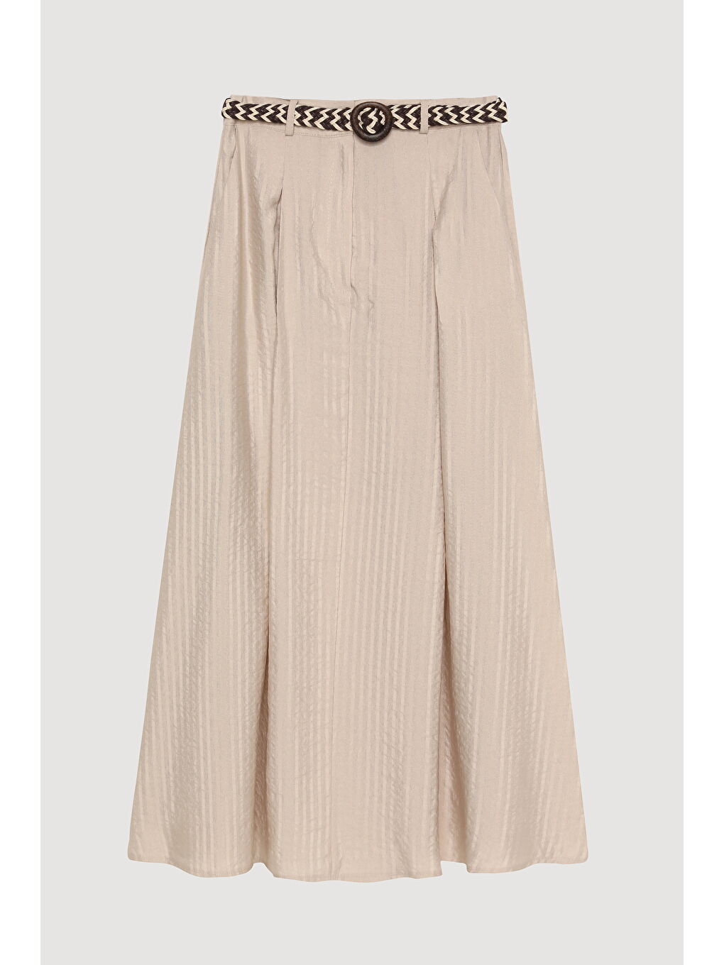 Kemer Aksesuarlı Pileli Midi Boy Etek Bej-1