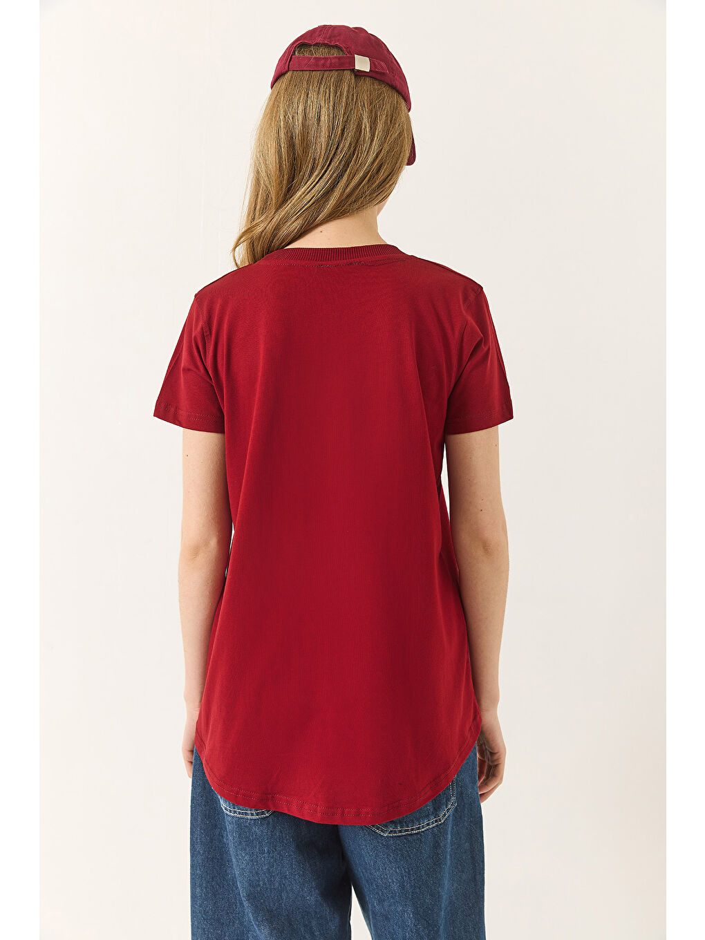 Bordo Kadın % Organik Pamuklu Comfort Fit Arkası Uzun Basic T-shirt-7