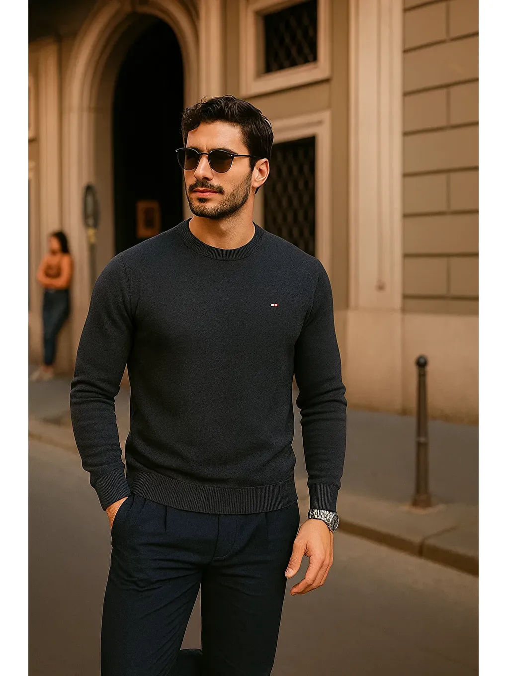 Gri Erkek Günlük Bisiklet Yaka Füme Kazak-2