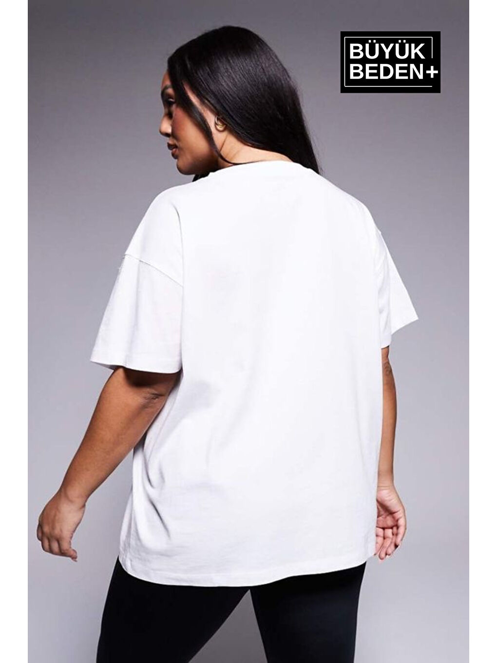 Beyaz Kadın Büyük Beden Las Angeles Baskılı Bisiklet Yaka Tshırt SPR25BTK909-1