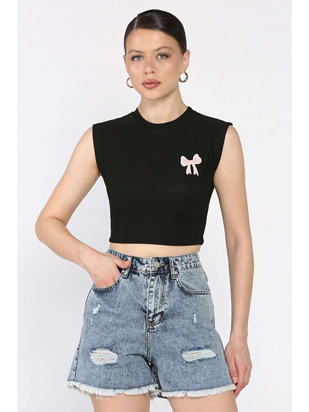 Siyah Kadın Japone Kol Fiyonklu Fitilli Crop Top Bluz
