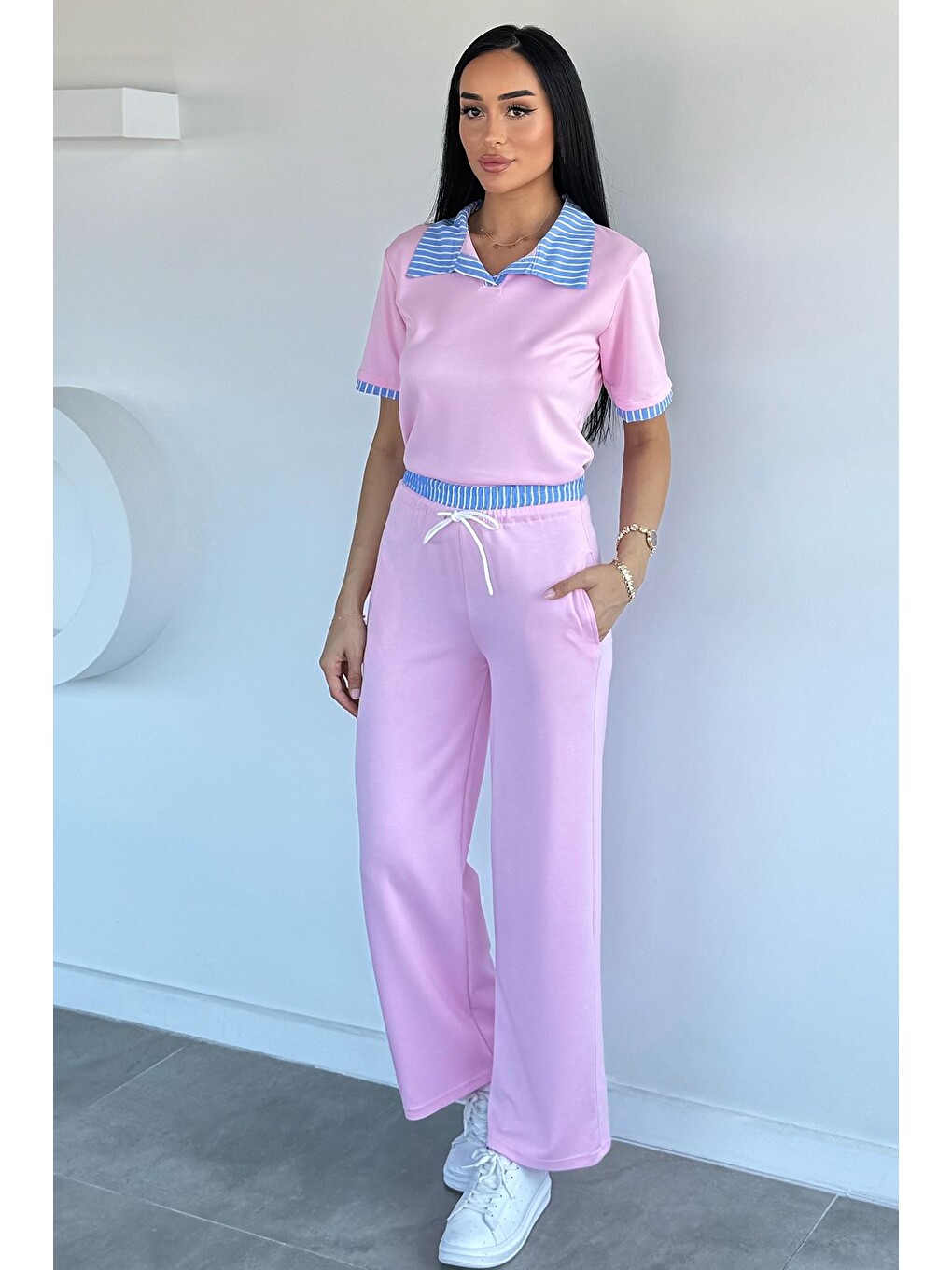Pembe Kadın Polo Yaka Bluz Bel Lastikli Pantolon İkili Takım-1