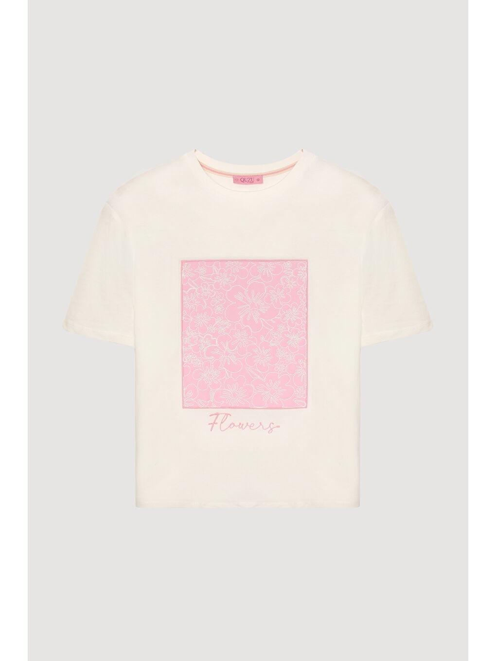 Blok Detaylı Çiçek Nakışlı Tişört Ekru-1