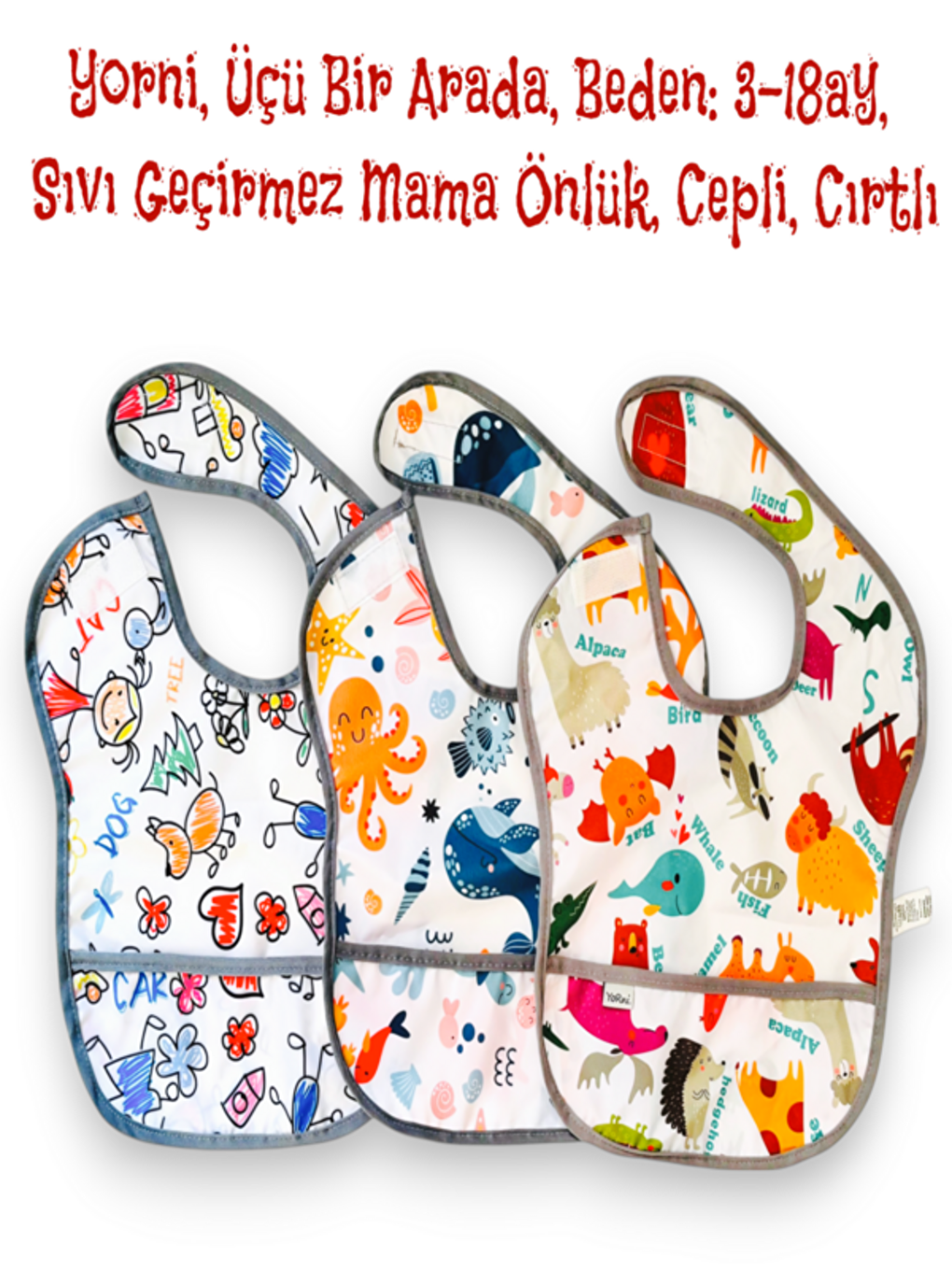 3 ADET, Beden: 3-18ay, 3 Farklı Desen, Sıvı Geçirmez, Cepli, Cırtlı Bebek Mama Önlüğü, Ekonomik Set