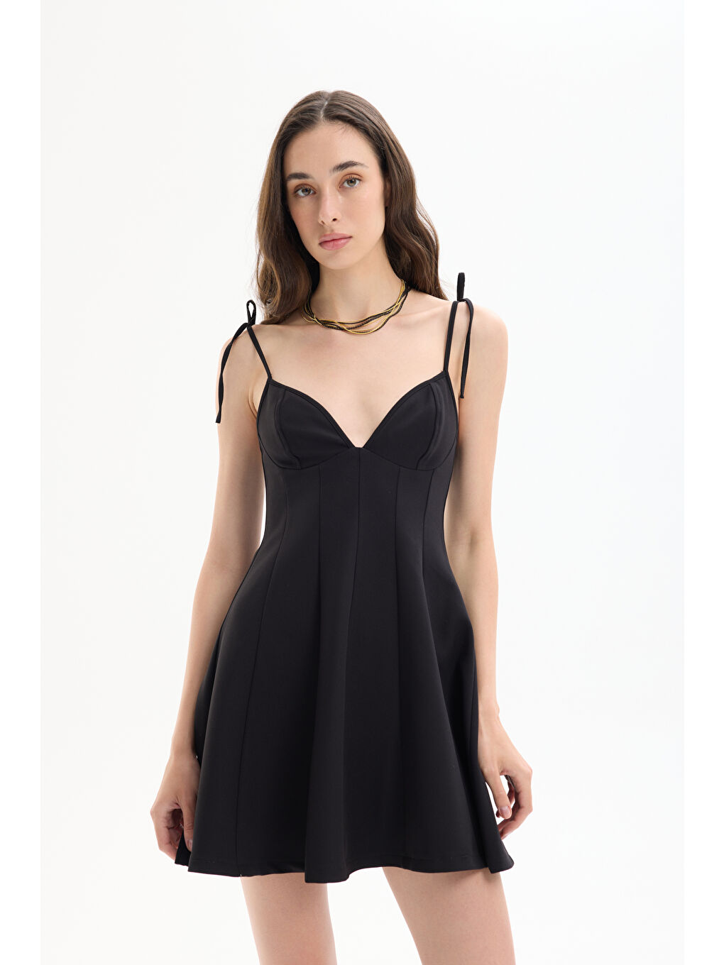 Kalp Yaka Bağlamalı İp Askılı Mini Elbise Siyah-2