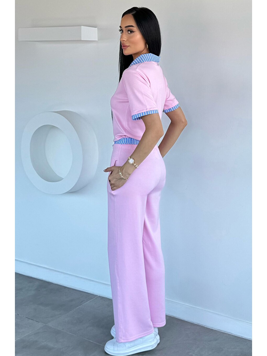 Pembe Kadın Polo Yaka Bluz Bel Lastikli Pantolon İkili Takım-3