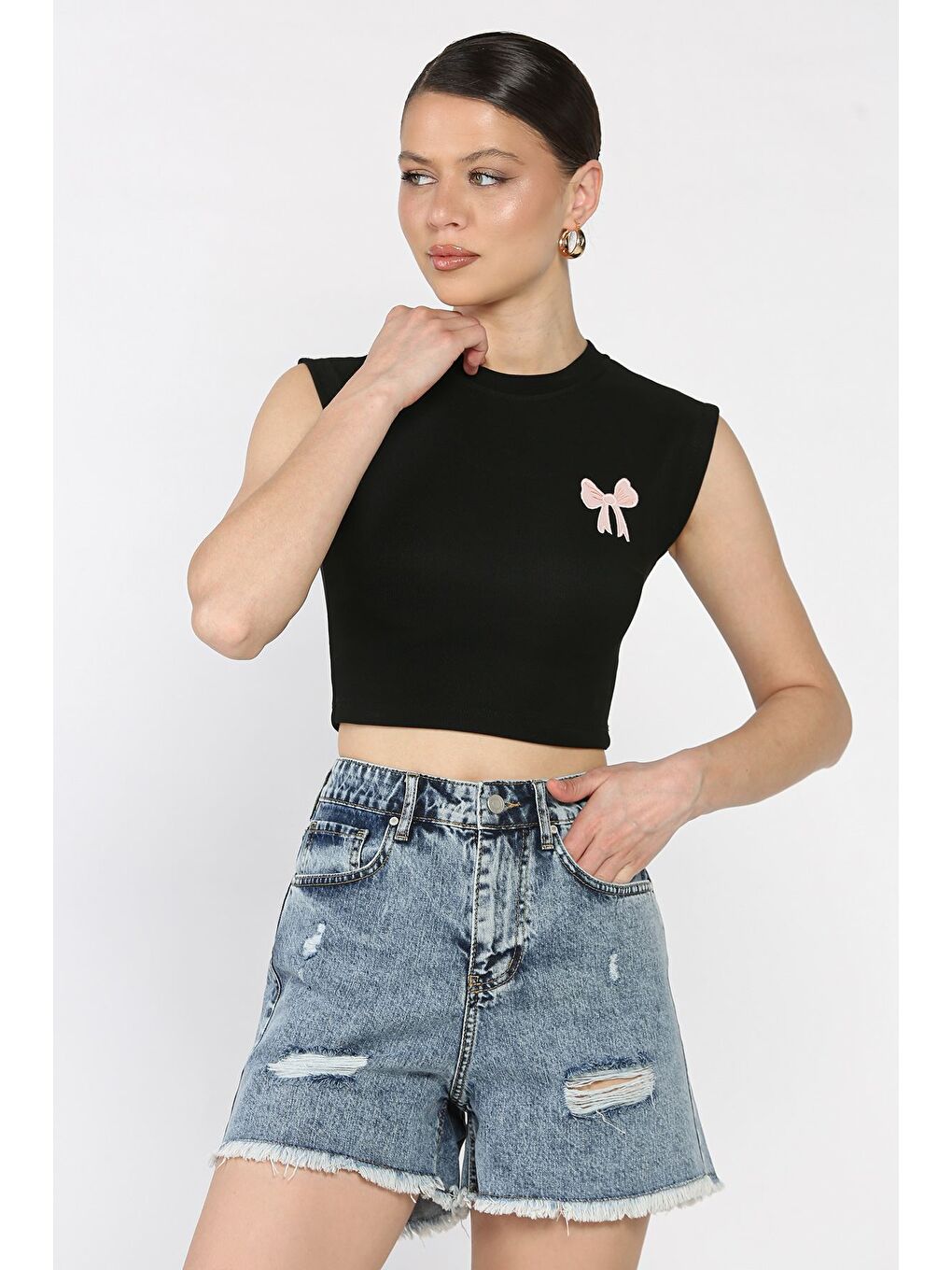 Siyah Kadın Japone Kol Fiyonklu Fitilli Crop Top Bluz-1