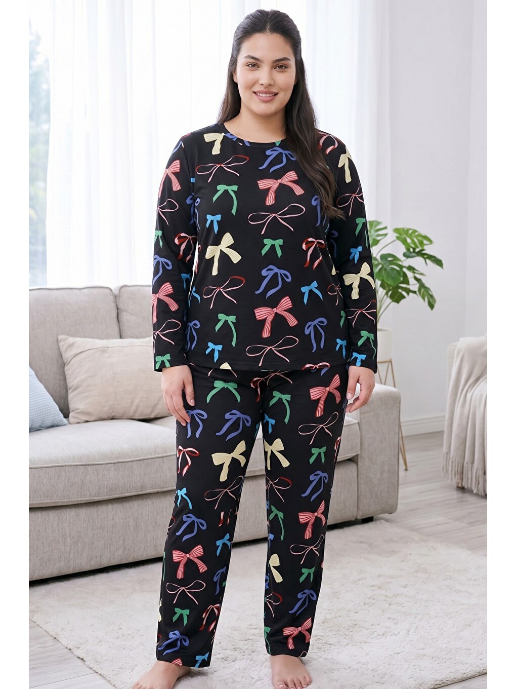 Siyah Desenli Termal Kumaşlı Ultra Soft Yumuşak Büyük Beden Battal Boy Örme Pijama Takımı-1