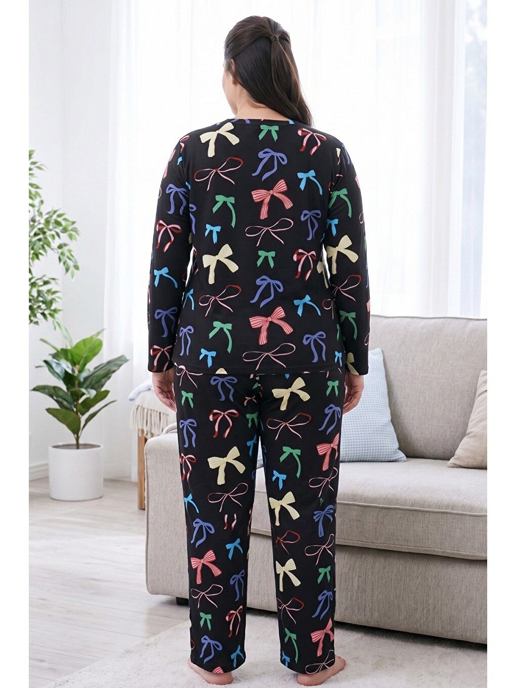 Siyah Desenli Termal Kumaşlı Ultra Soft Yumuşak Büyük Beden Battal Boy Örme Pijama Takımı-2