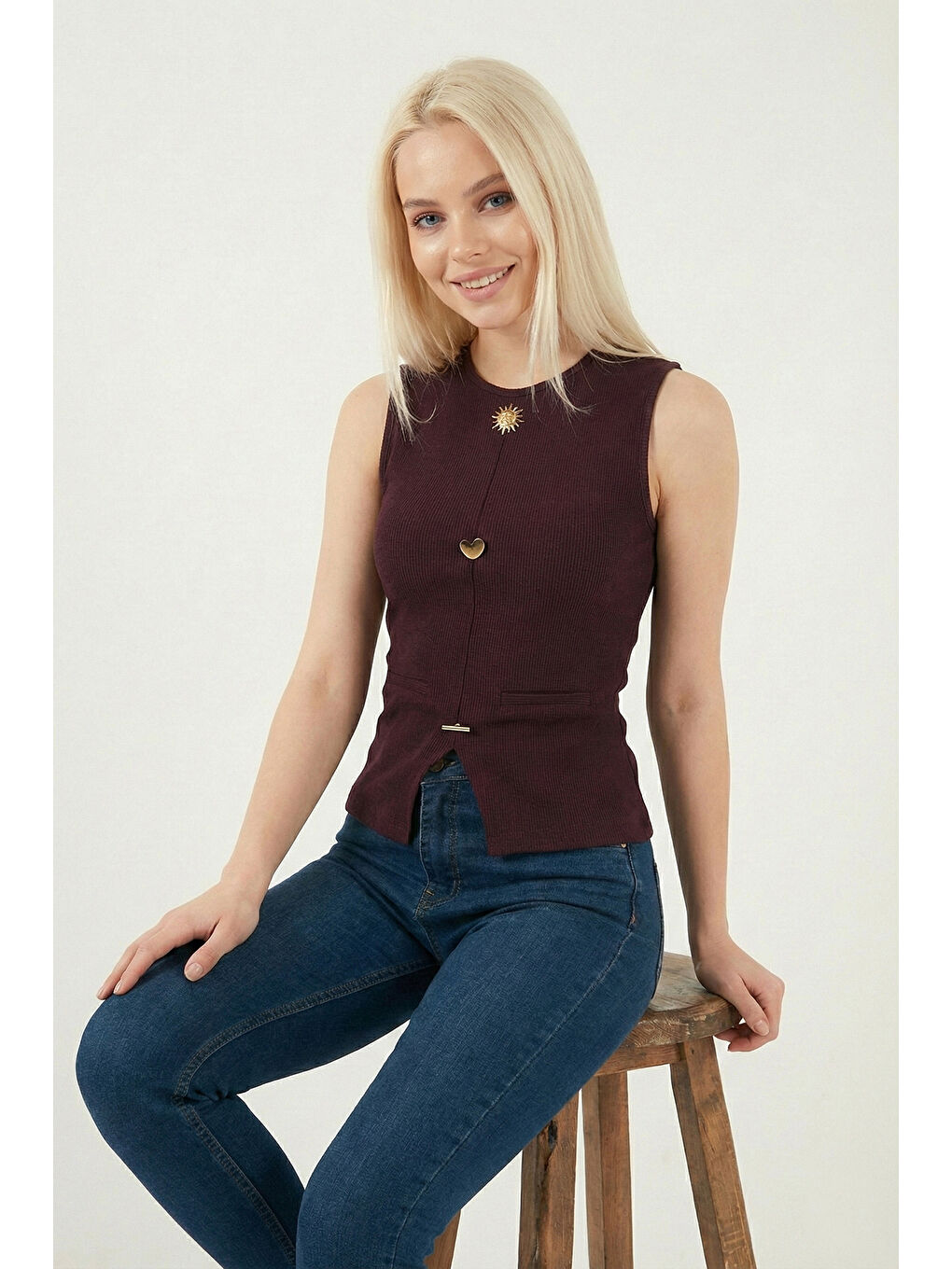 Mürdüm Fittted Fit Bisiklet Yaka Aksesuar Detaylı Kadın Bluz 5866475-3