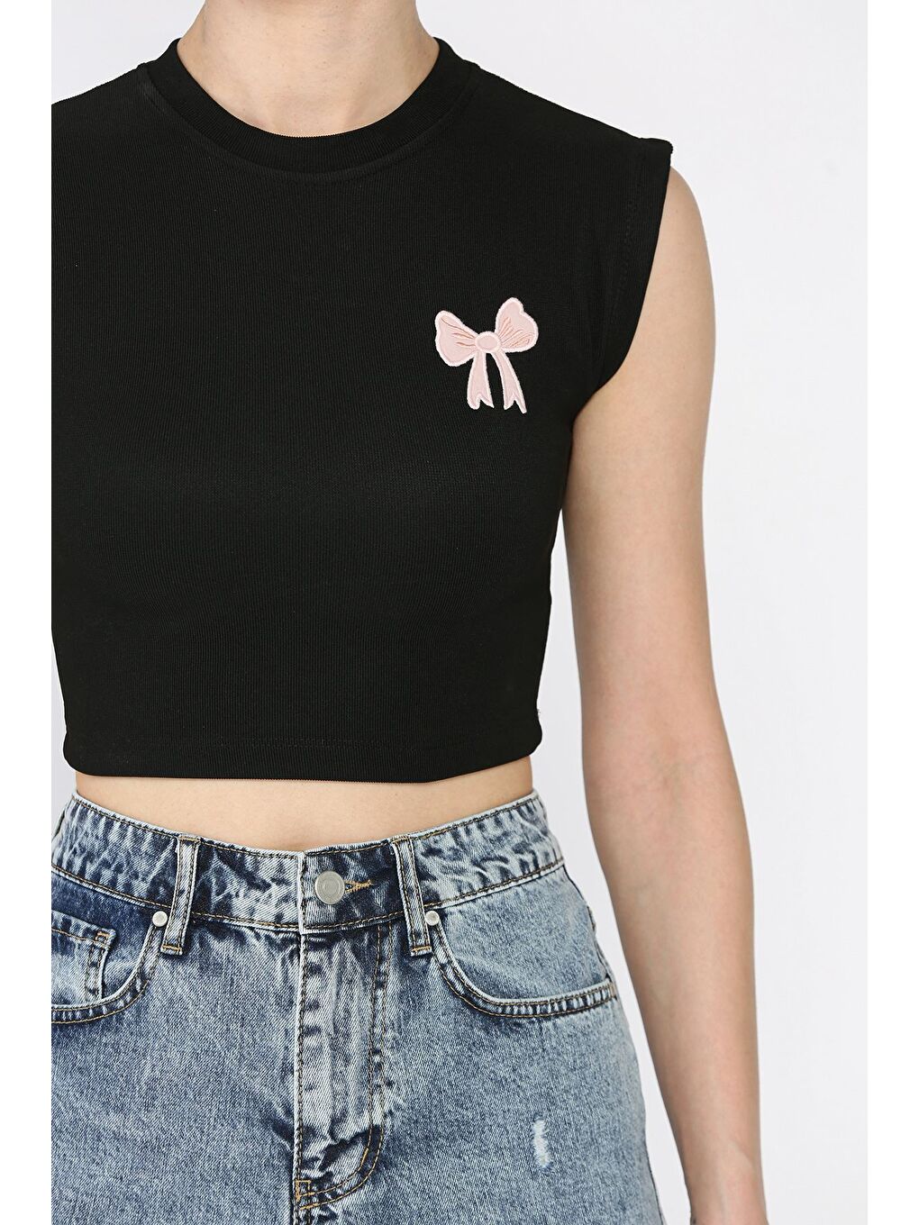 Siyah Kadın Japone Kol Fiyonklu Fitilli Crop Top Bluz-2