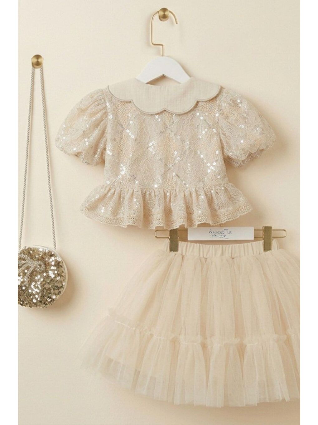 Ekru Kız Bebek Krem Nakışlı Bebe Yaka Payetli Dantelli Takım-4
