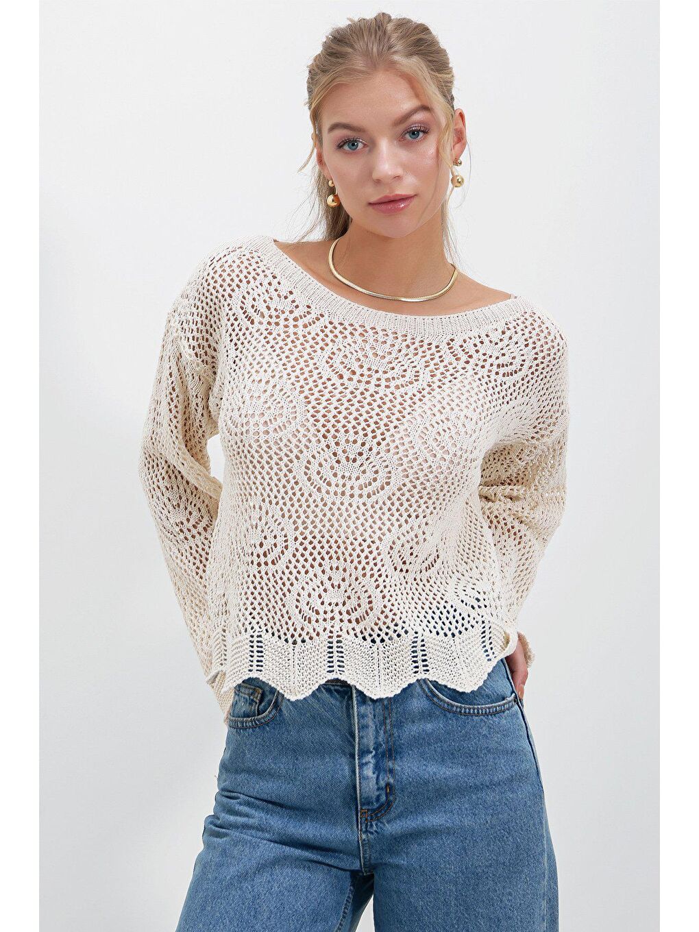 Bej Ajurlu Crop Uzun Kollu KAZAK-1