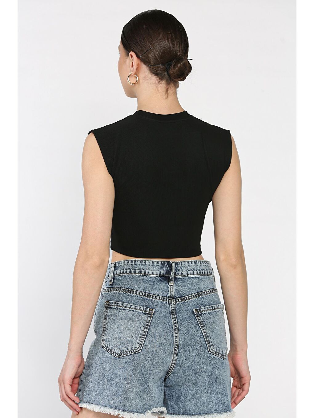 Siyah Kadın Japone Kol Fiyonklu Fitilli Crop Top Bluz-3