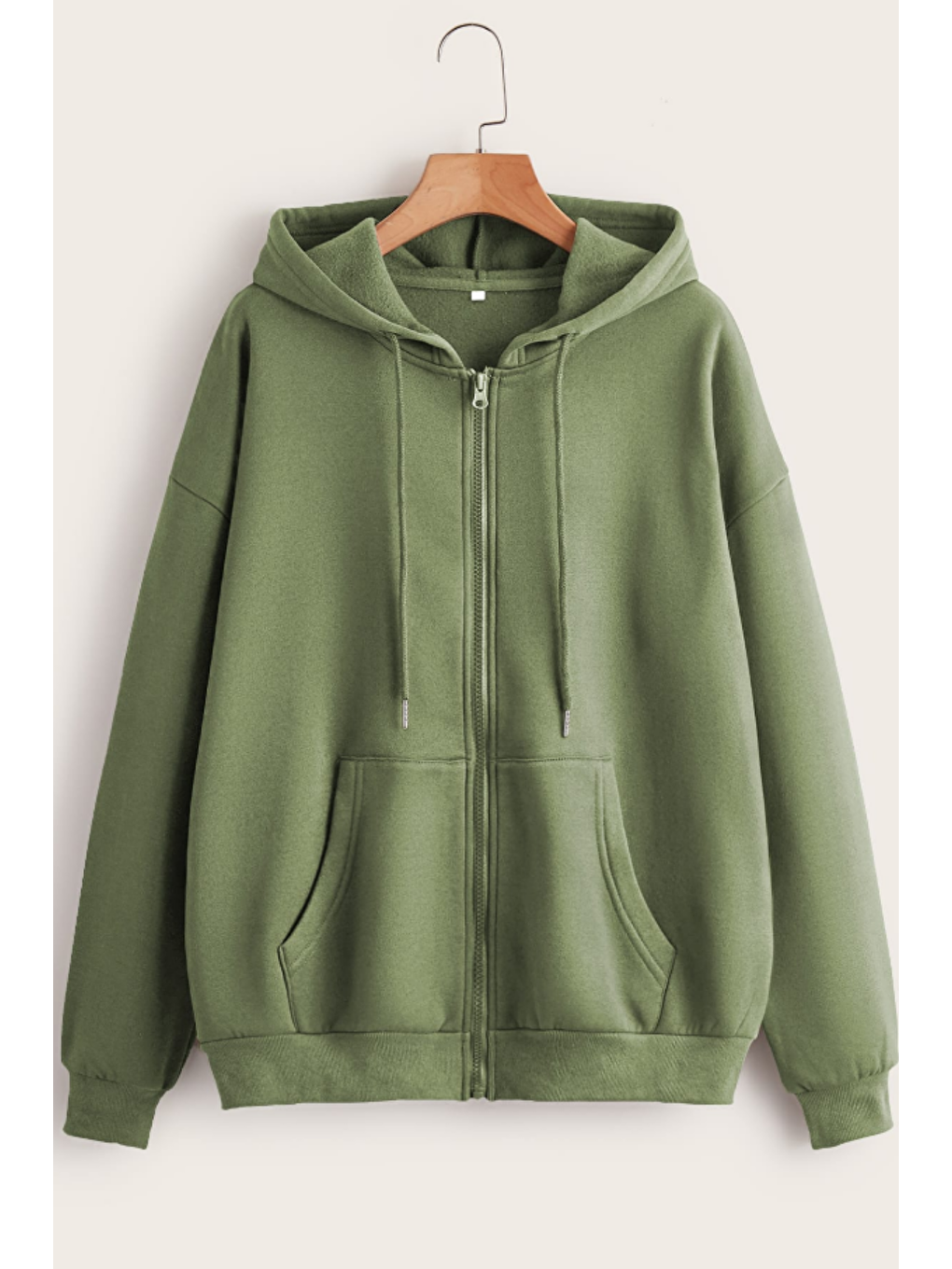 Unisex Relax Fit Rahat Kesim Pamuklu İçi Polarlı Çift Cepli Fermuarlı Haki Kapüşonlu Sweatshirt