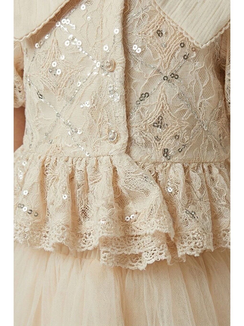 Ekru Kız Bebek Krem Nakışlı Bebe Yaka Payetli Dantelli Takım-5