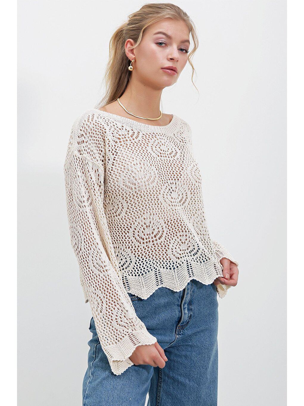 Bej Ajurlu Crop Uzun Kollu KAZAK-2