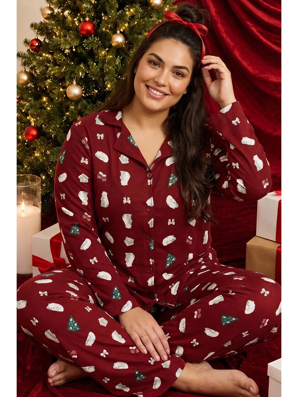 Bordo Yılbaşı Temalı Desenli Termal Kumaşlı Ultra Soft Yumuşak Büyük Beden Battal Boy Düğmeli Örme P