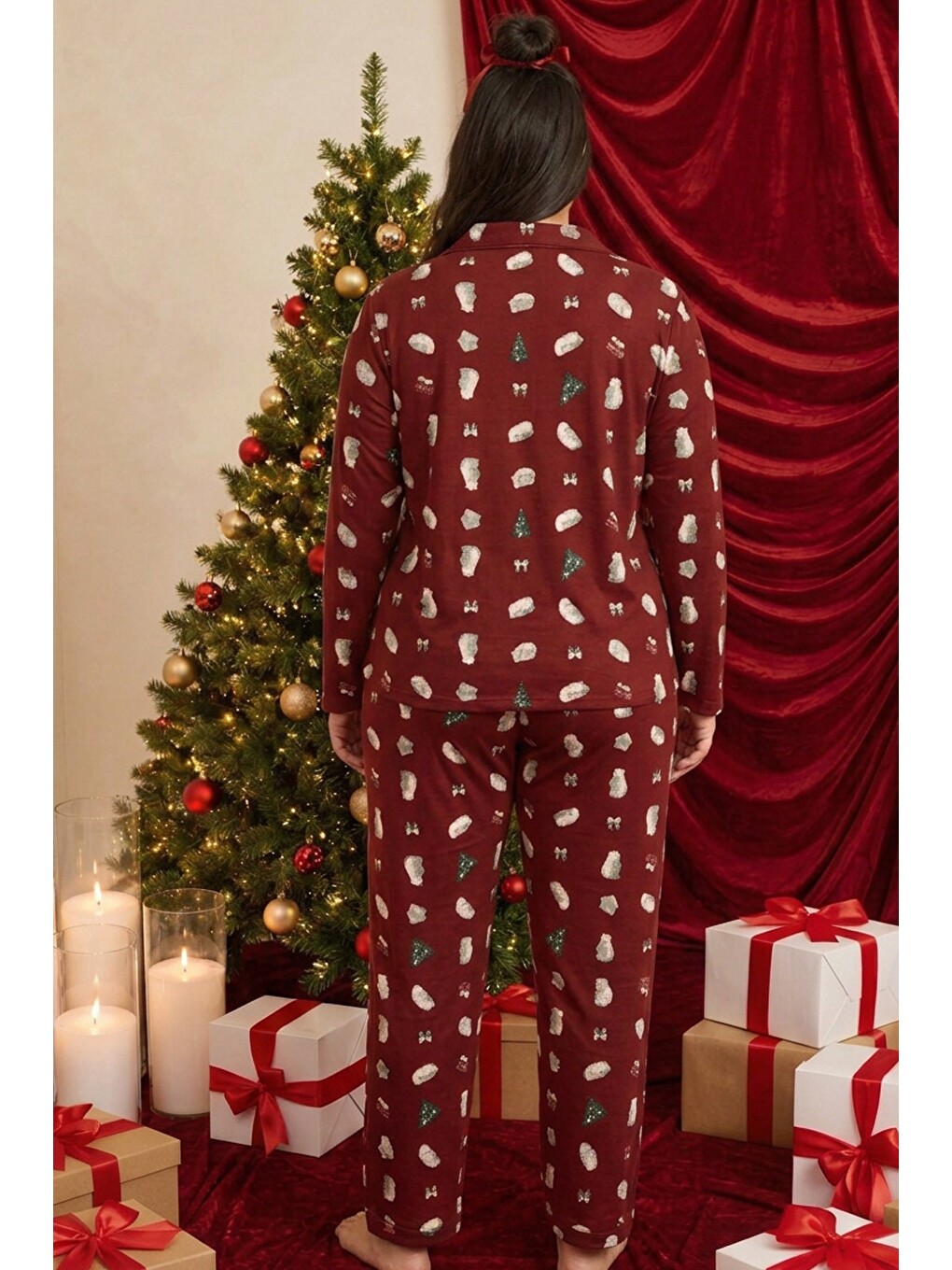 Bordo Yılbaşı Temalı Desenli Termal Kumaşlı Ultra Soft Yumuşak Büyük Beden Battal Boy Düğmeli Örme P-2