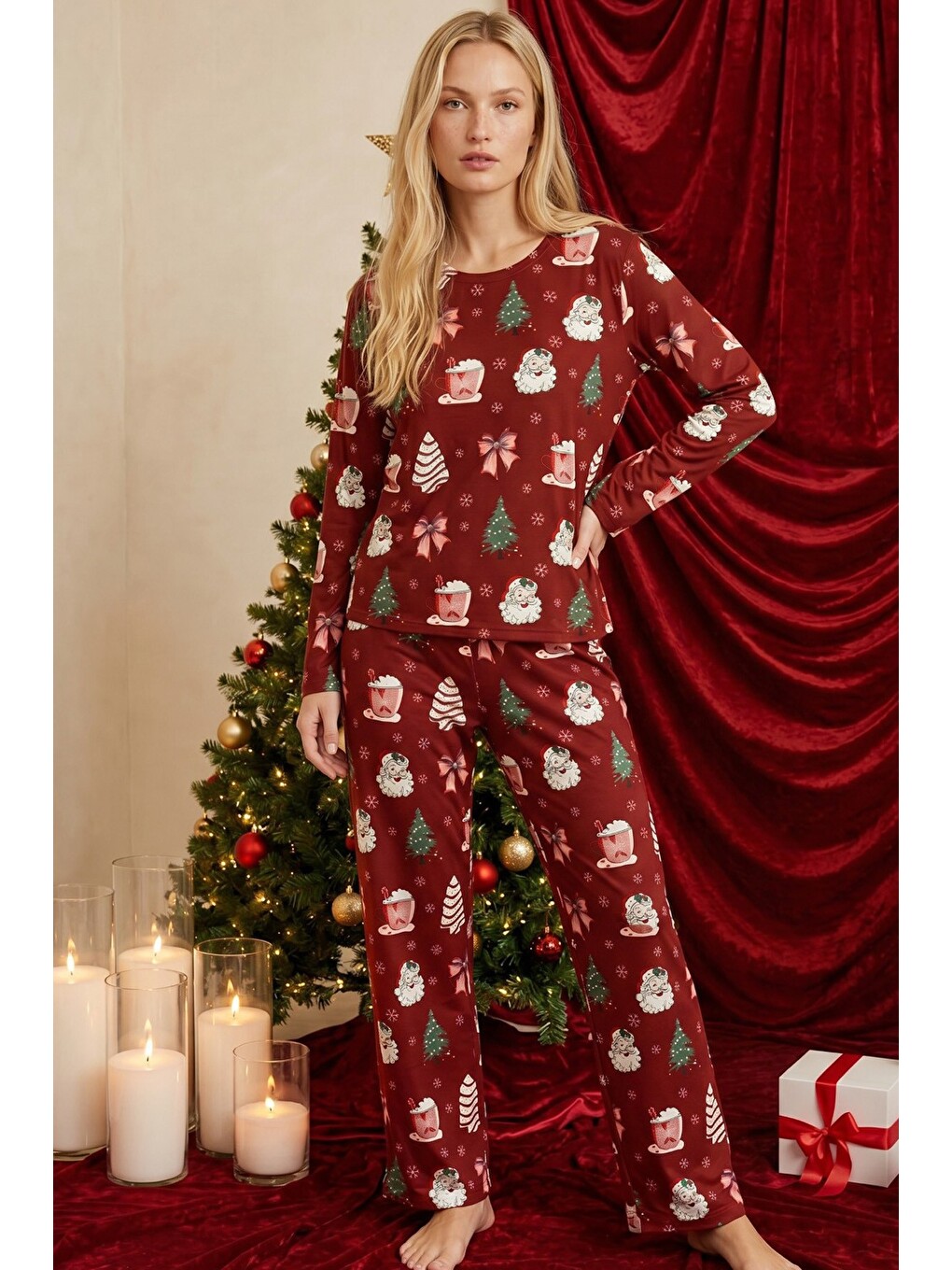 Bordo Yılbaşı Temalı Desenli Termal Kumaşlı Ultra Soft Yumuşak Örme Pijama Takımı-1