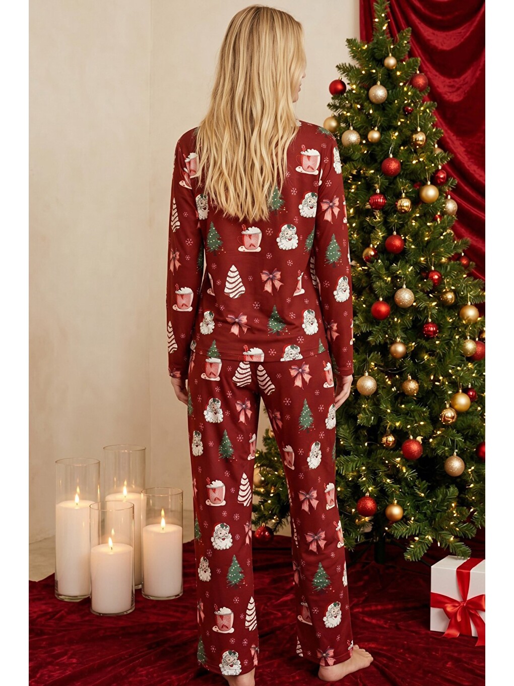 Bordo Yılbaşı Temalı Desenli Termal Kumaşlı Ultra Soft Yumuşak Örme Pijama Takımı-2