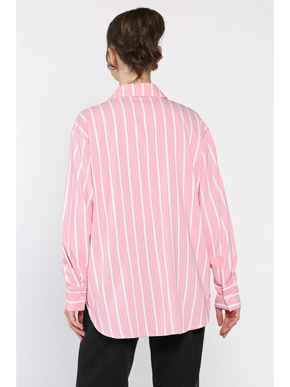 Pembe Kadın Tek Cepli Çizgili Salaş Gömlek-2