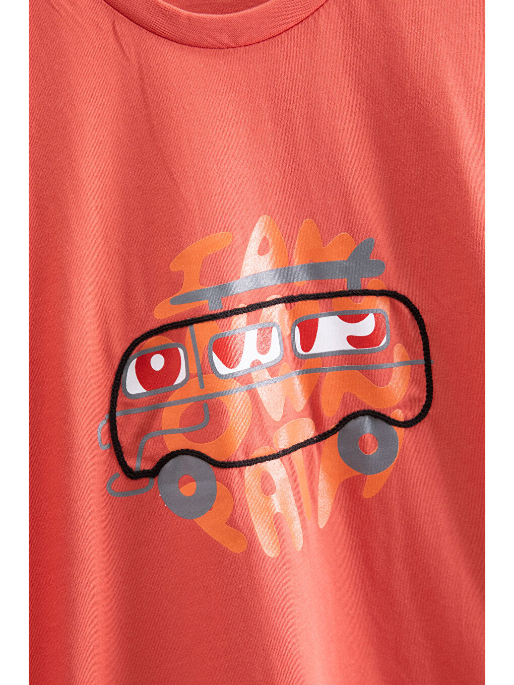 Turuncu Araba Baskılı Bisiklet Yaka Erkek Çocuk Kısa Kol Tişört 20921-1