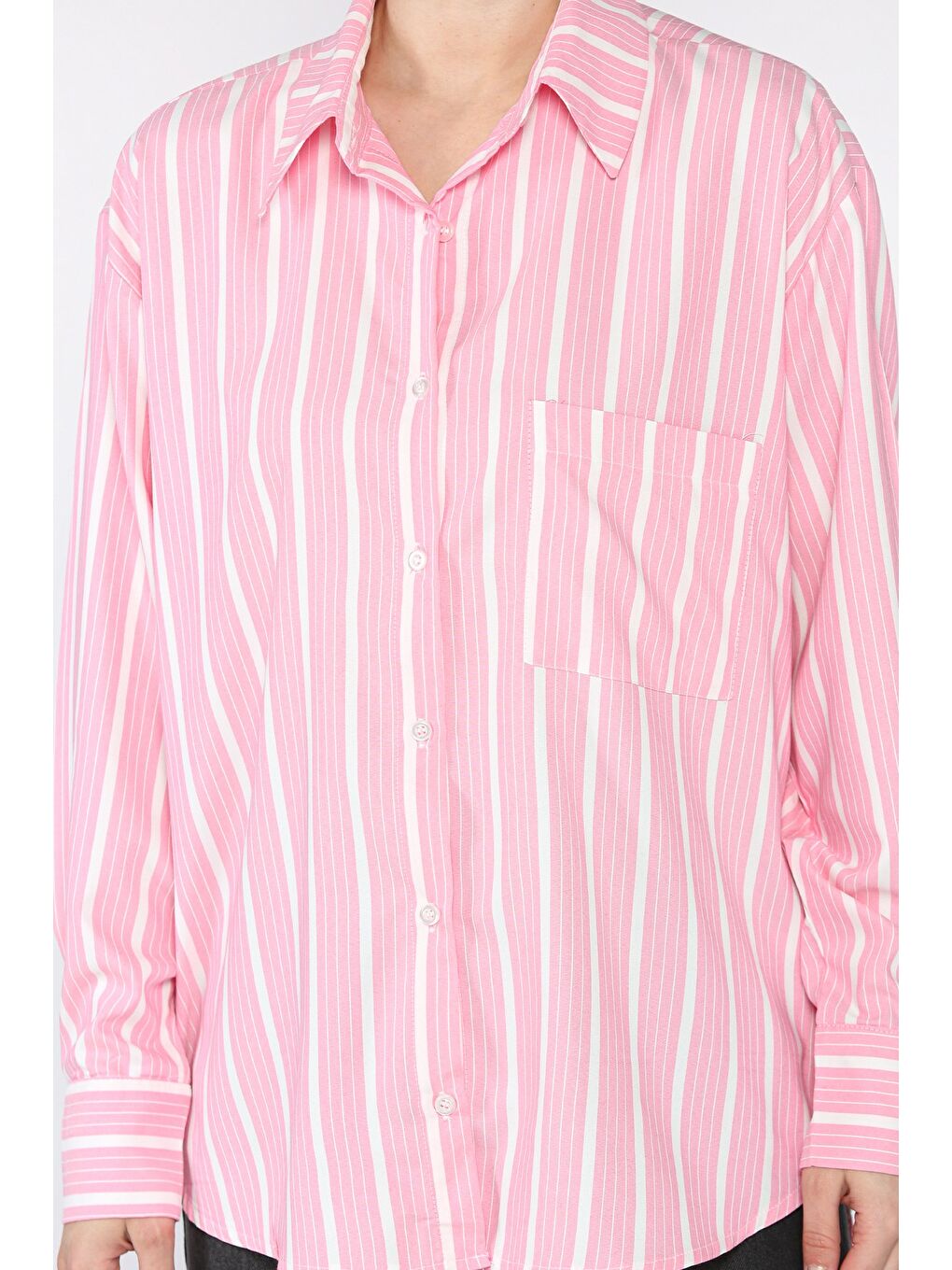 Pembe Kadın Tek Cepli Çizgili Salaş Gömlek-3