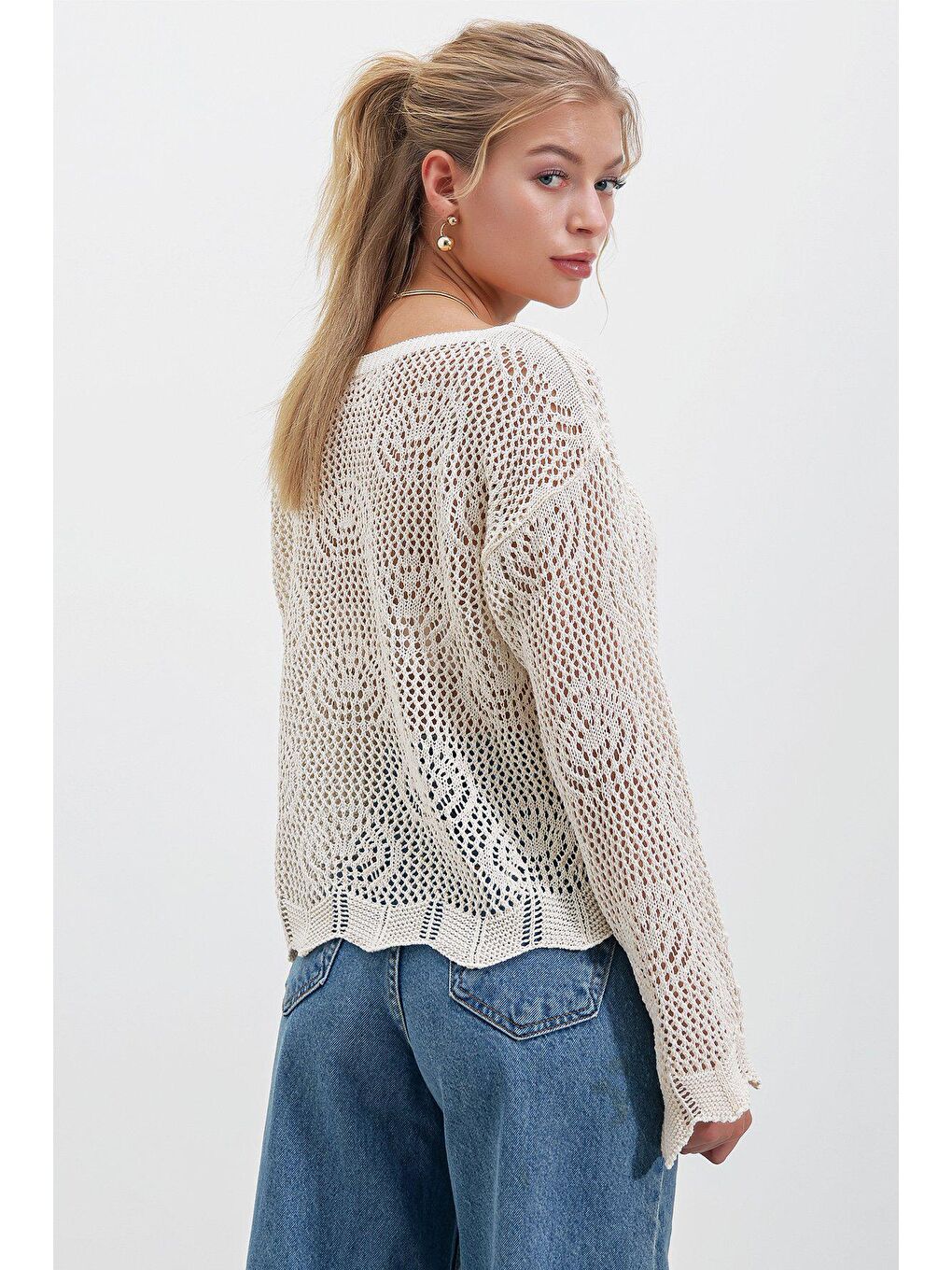 Bej Ajurlu Crop Uzun Kollu KAZAK-4