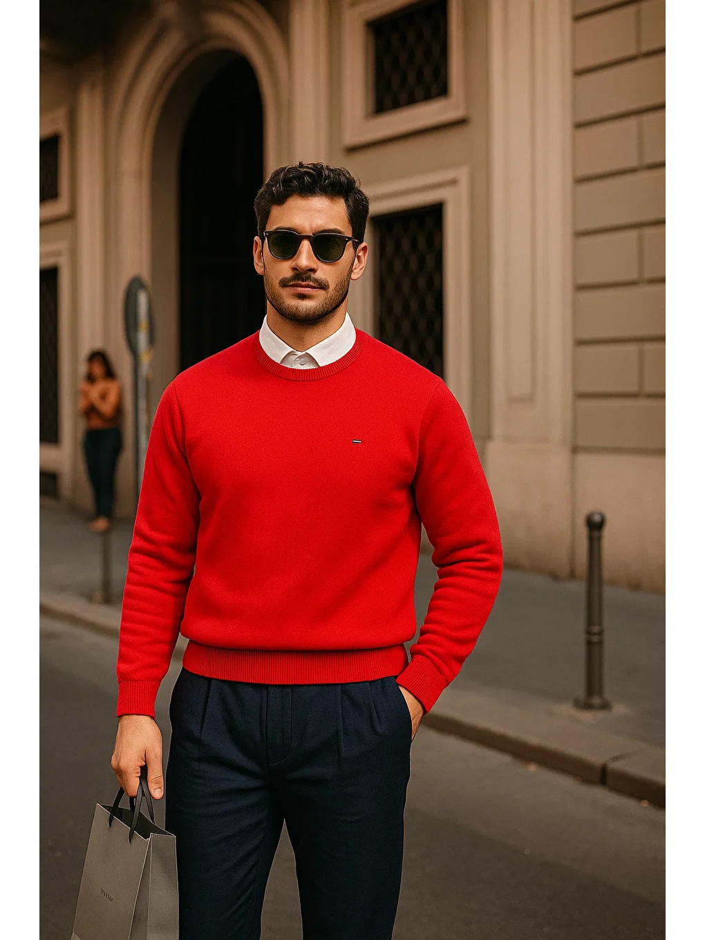 Erkek Günlük Bisiklet Yaka Kırmızı Kazak