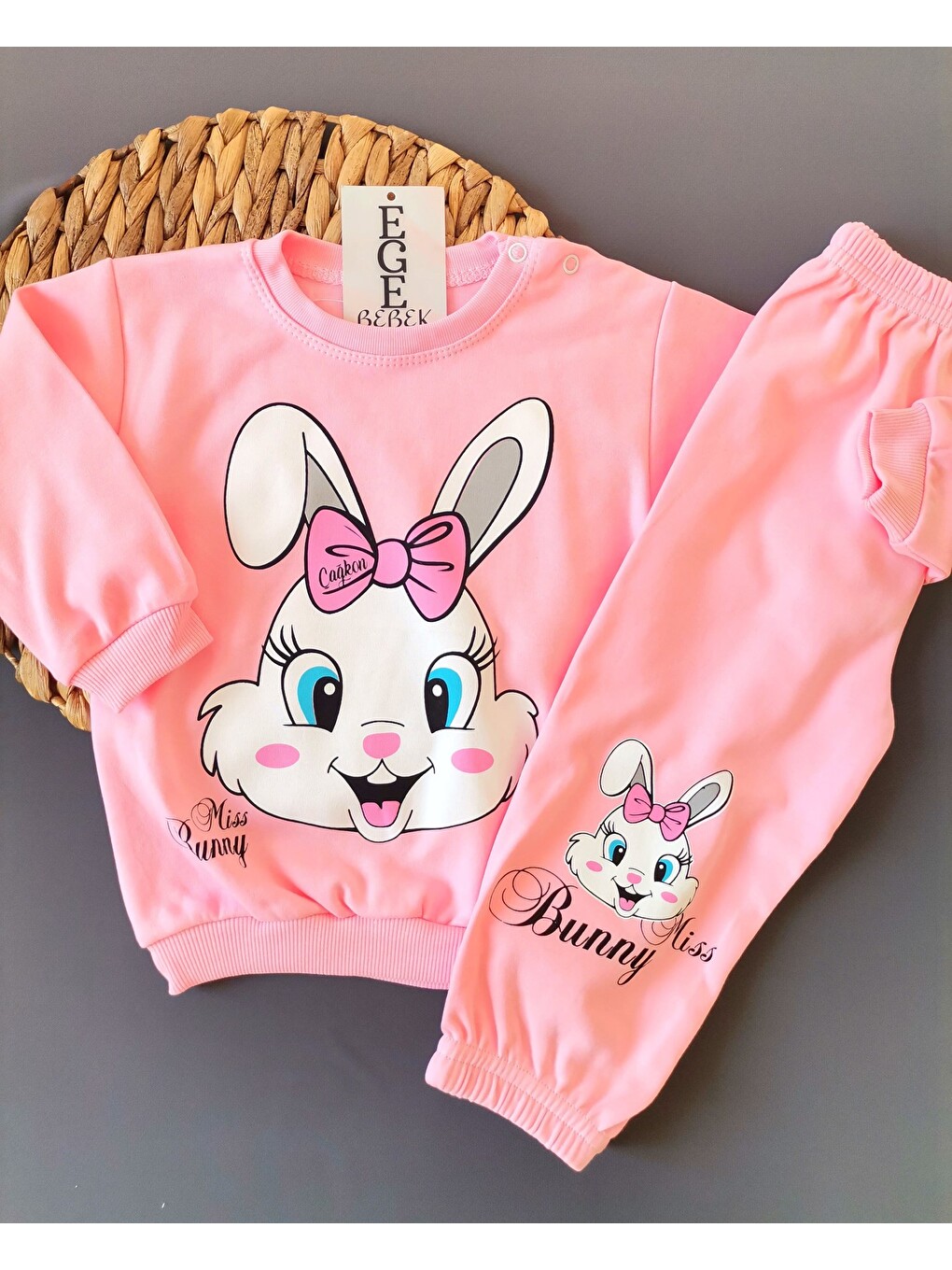 Pembe Kız Bebek Mevsimlik Uzun Kollu Sevimli Tavşan Baskılı Sweathirt Alt Üst Takım-3