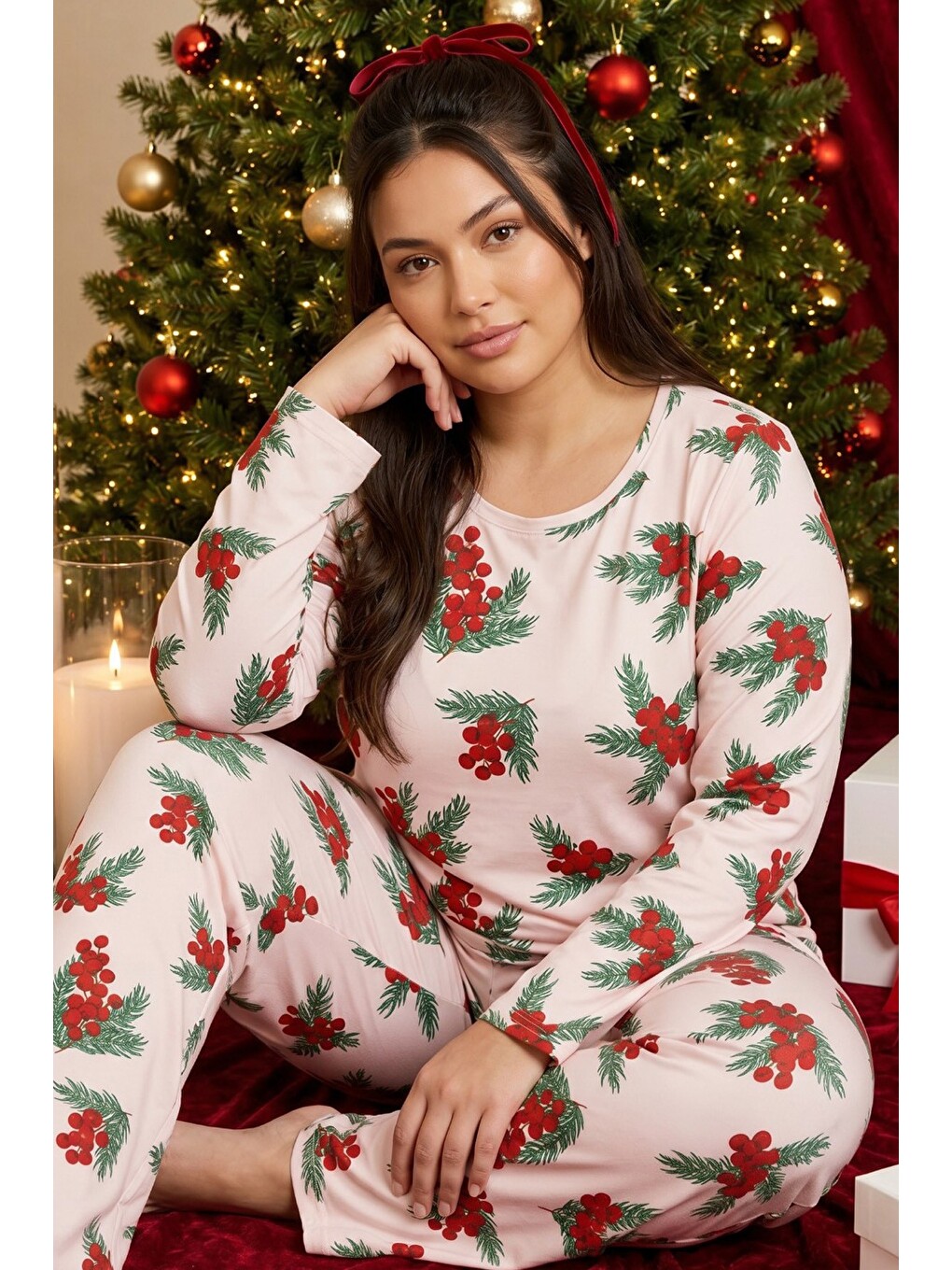 Pembe Yılbaşı Temalı Desenli Termal Kumaşlı Ultra Soft Yumuşak Büyük Beden Battal Boy Örme Pijama Ta