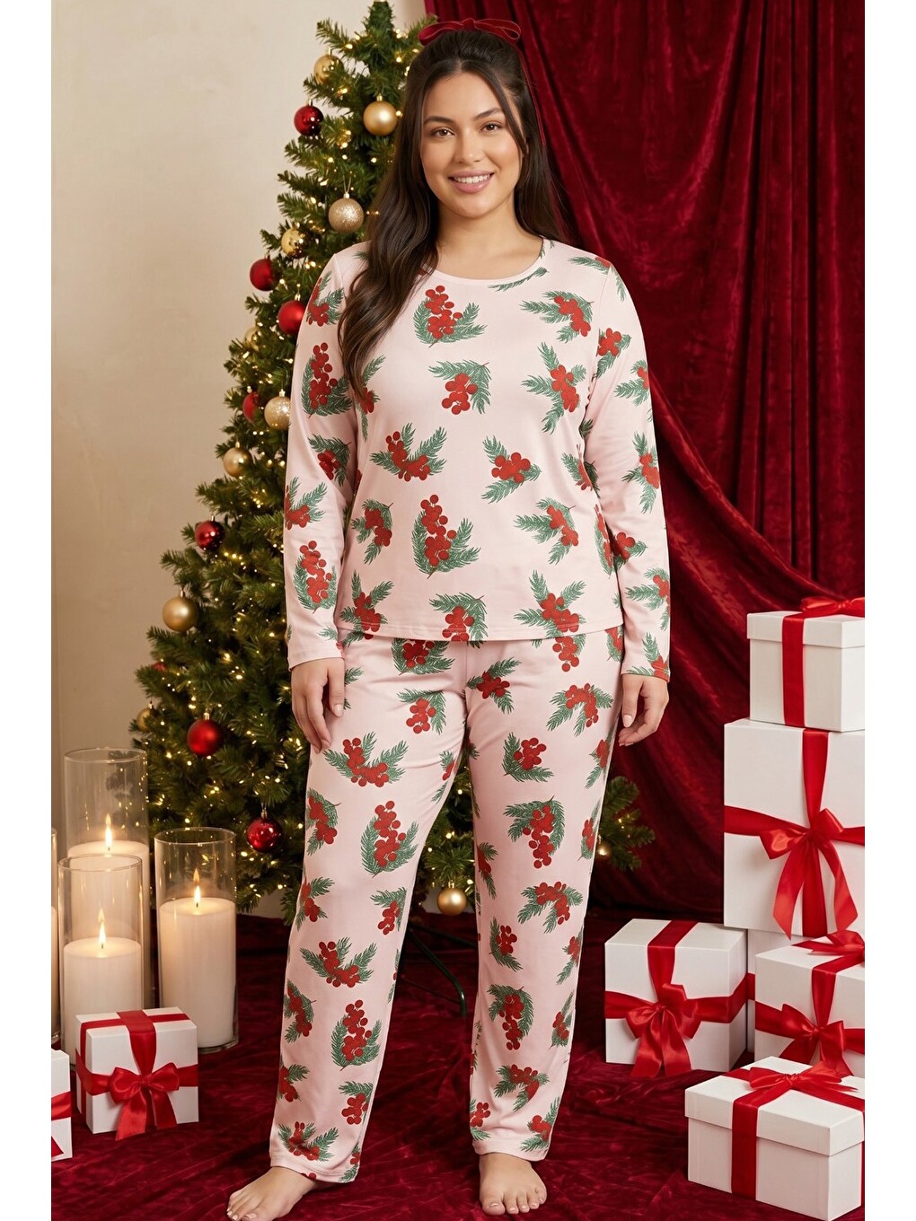 Pembe Yılbaşı Temalı Desenli Termal Kumaşlı Ultra Soft Yumuşak Büyük Beden Battal Boy Örme Pijama Ta-1