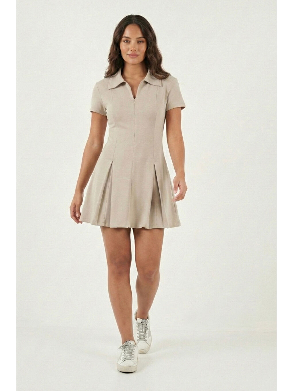 Bej Fitted Fit Klasik Yaka Fermuar Detaylı Pileli Kadın Mini Elbise 5866659-2