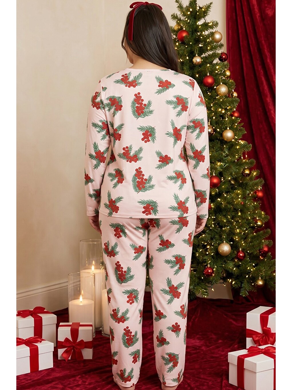 Pembe Yılbaşı Temalı Desenli Termal Kumaşlı Ultra Soft Yumuşak Büyük Beden Battal Boy Örme Pijama Ta-2