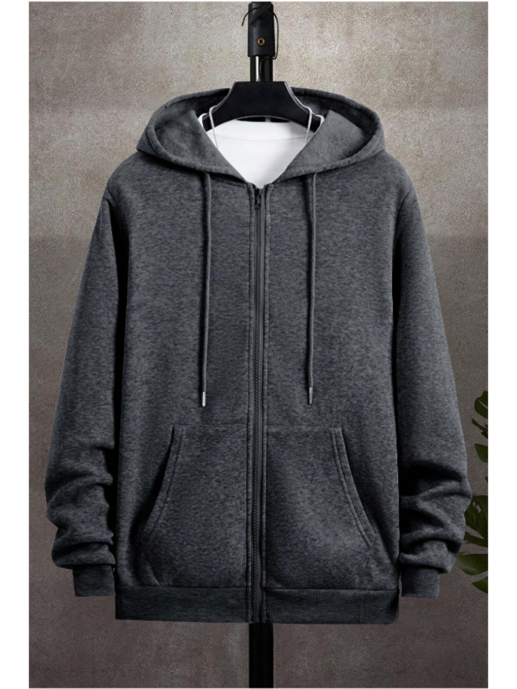 Gri Unisex Relax Fit Rahat Kesim Pamuklu İçi Polarlı Çift Cepli Fermuarlı Füme Kapüşonlu Sweatshirt-1