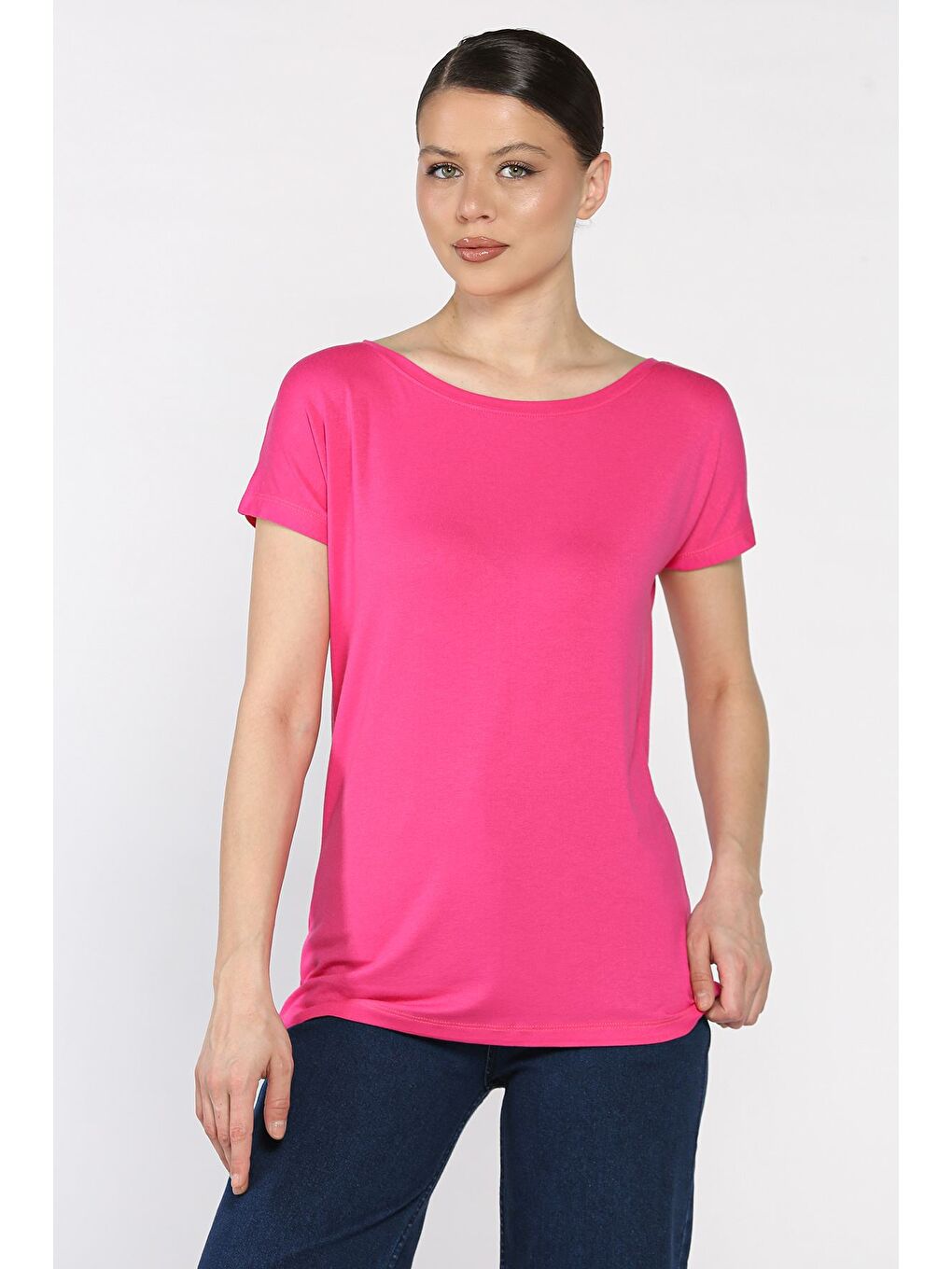 Fuşya Kadın Bisiklet Yaka Tişört