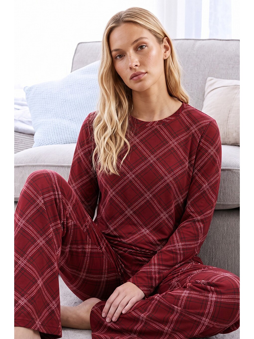Bordo Ekose Desenli Termal Kumaşlı Ultra Soft Yumuşak Örme Pijama Takımı