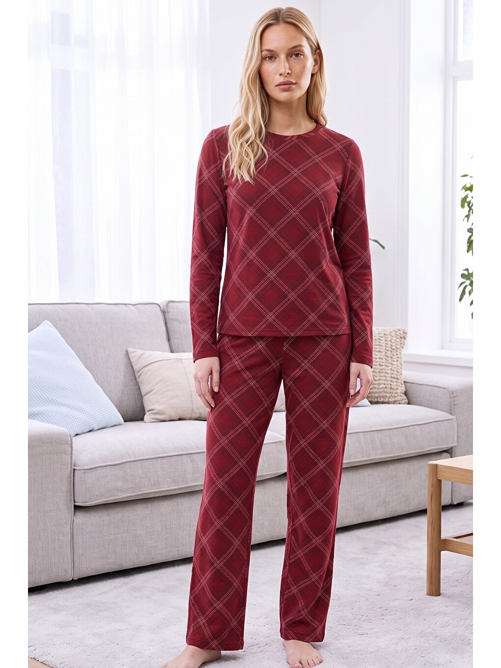 Bordo Ekose Desenli Termal Kumaşlı Ultra Soft Yumuşak Örme Pijama Takımı-1