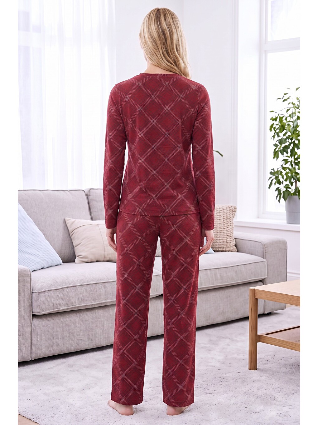 Bordo Ekose Desenli Termal Kumaşlı Ultra Soft Yumuşak Örme Pijama Takımı-2