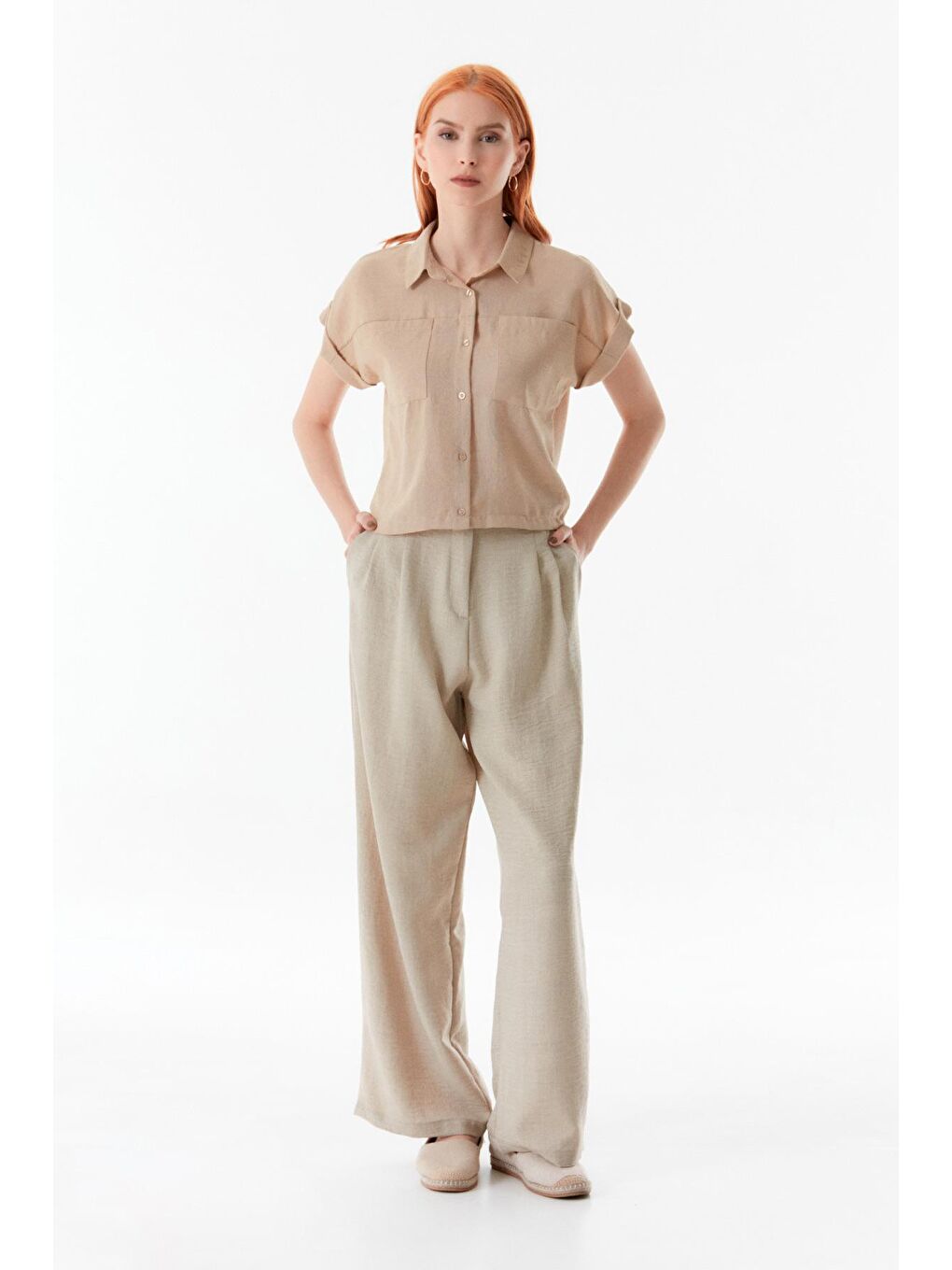 Bej Yüksek Bel Palazzo Kumaş Pantolon-1