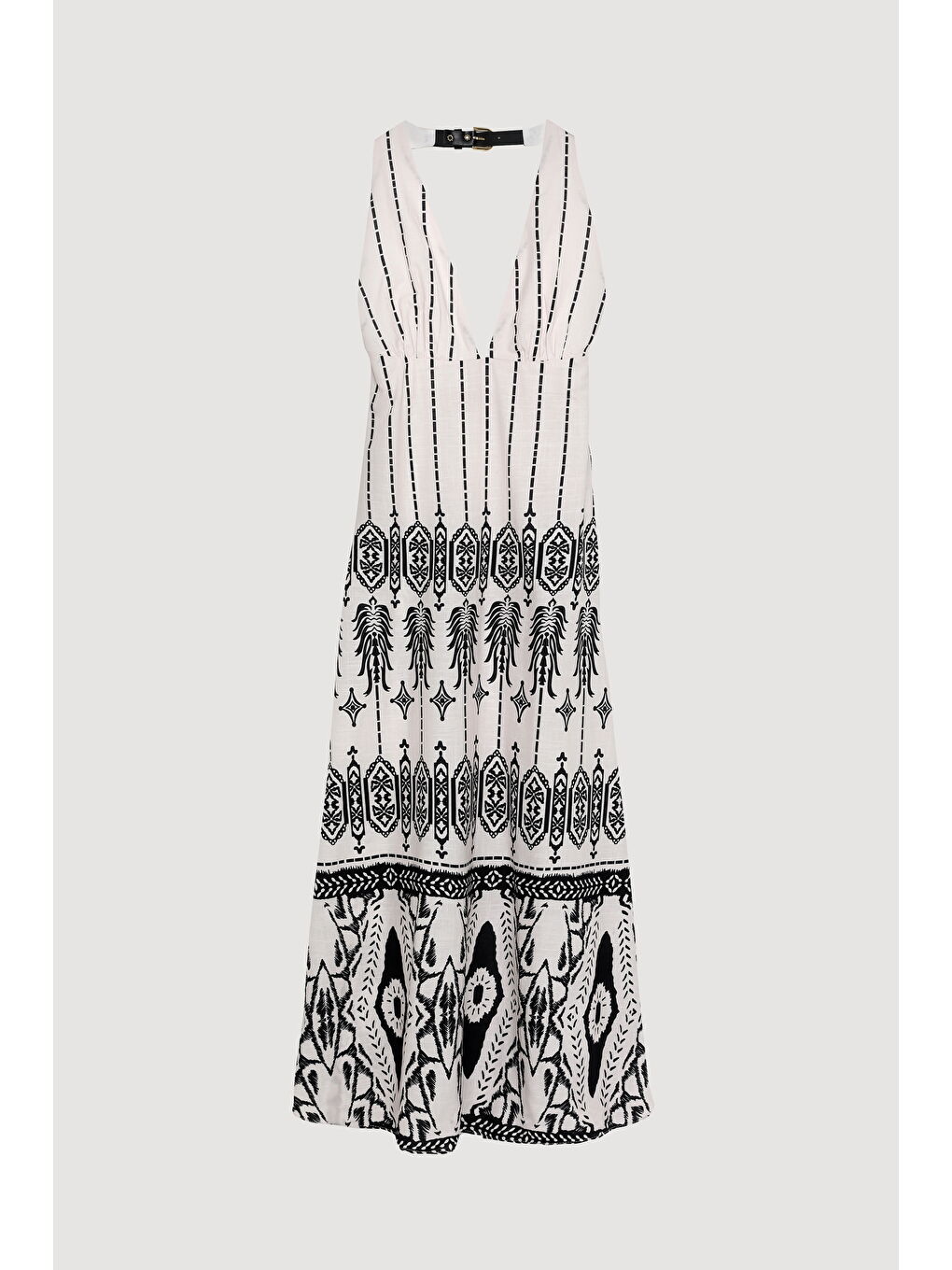 Etnik Desenli Boyun Kemer Detaylı Midi Elbise Ekru