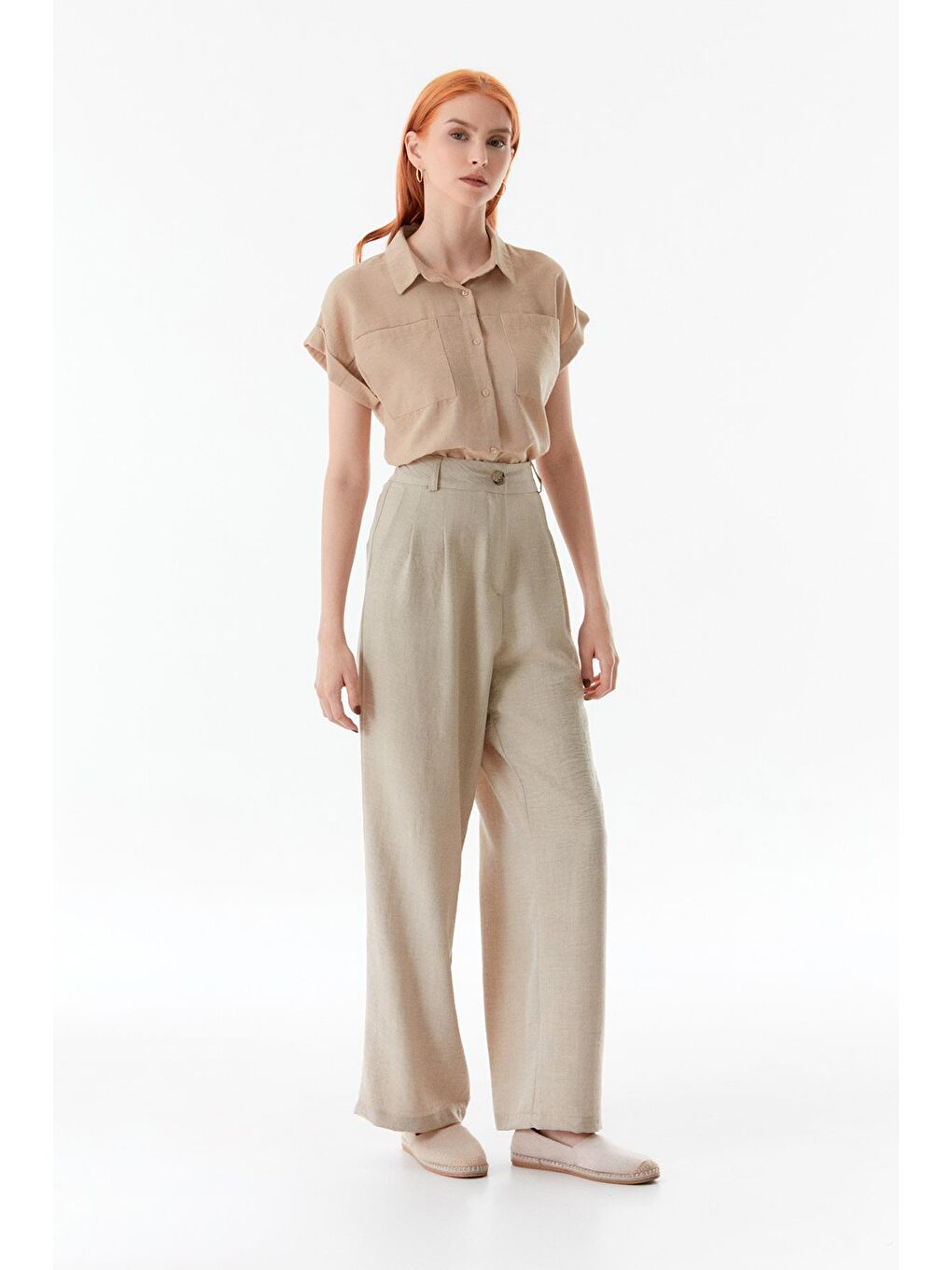 Bej Yüksek Bel Palazzo Kumaş Pantolon-2