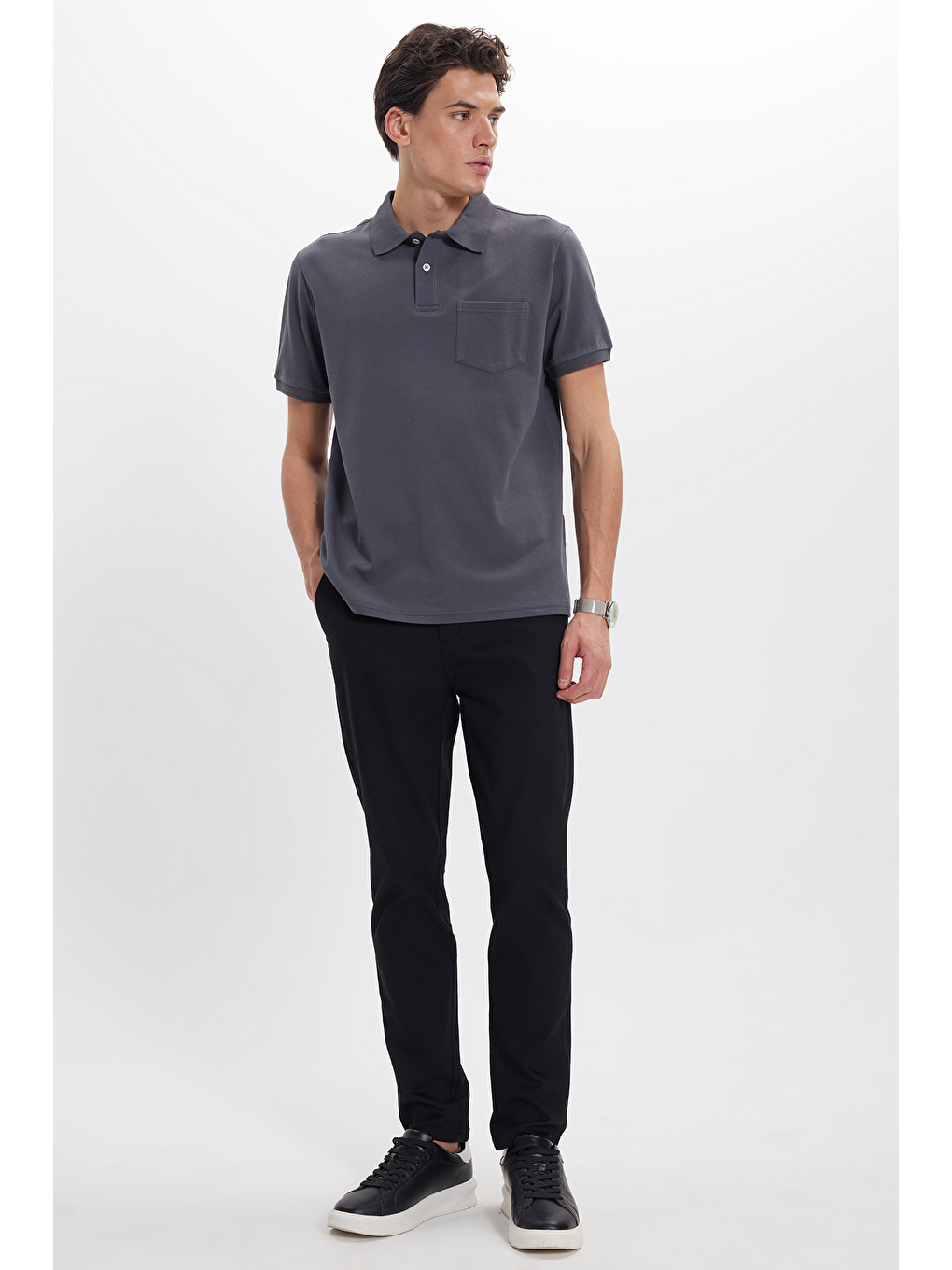 Erkek Regular Fit Klasik Kesim %100 Pamuk Düz Pike Gri Polo Yaka Tişört-1