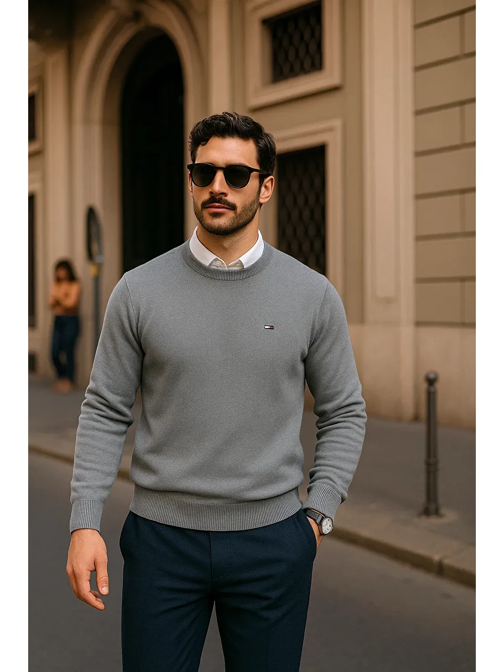 Erkek Günlük Bisiklet Yaka Gri Kazak