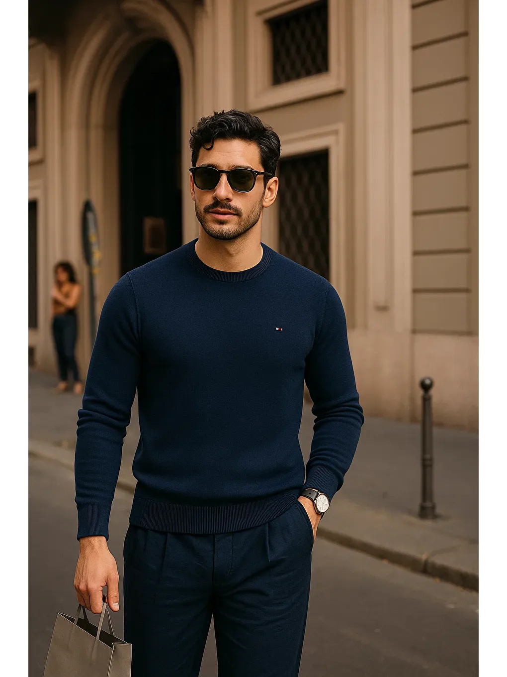 Erkek Günlük Bisiklet Yaka Lacivert Kazak-1